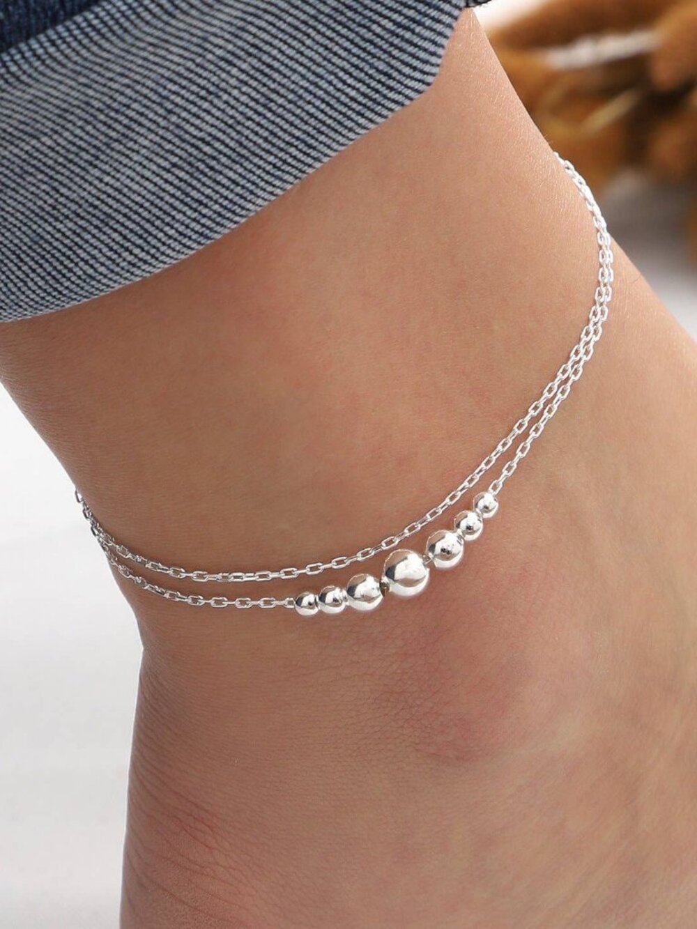 925 Sterling Silver 2 Layer Beaded Anklet, Boutique
